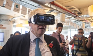 Boris Johnson wearing a Samsung Gear VR headset