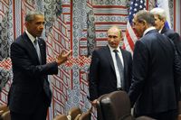 President Obama, president Poetin en de ministers van Buitenlandse Zaken Lavrov en Kerry