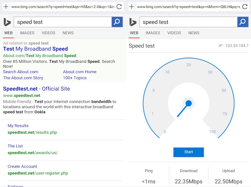 Microsoft Experiments With Showing Network Speed Test Results on Bing