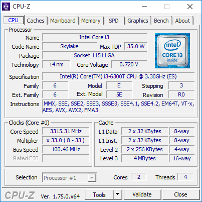 Характеристики Intel Core i3-6300T
