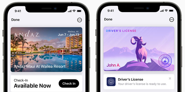 iPhone iOS 15 tegnebog hotelnøgle, kørekort 