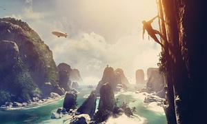 A figure hangs from a vertiginous cliff in The Climb