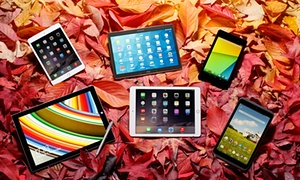 A range of tablets on a bed of leaves