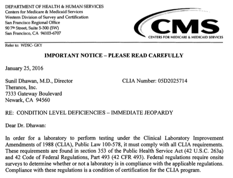 Theranos Lab Poses 'Immediate Jeopardy to Patient Safety,' According to Government Letter