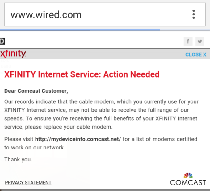 Comcast Appears to Be Injecting Browser Pop-Ups to Upsell Crappy Modem Deals