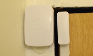 The multi-purpose sensor included in the kit, here set up to monitor the closed state of a door.