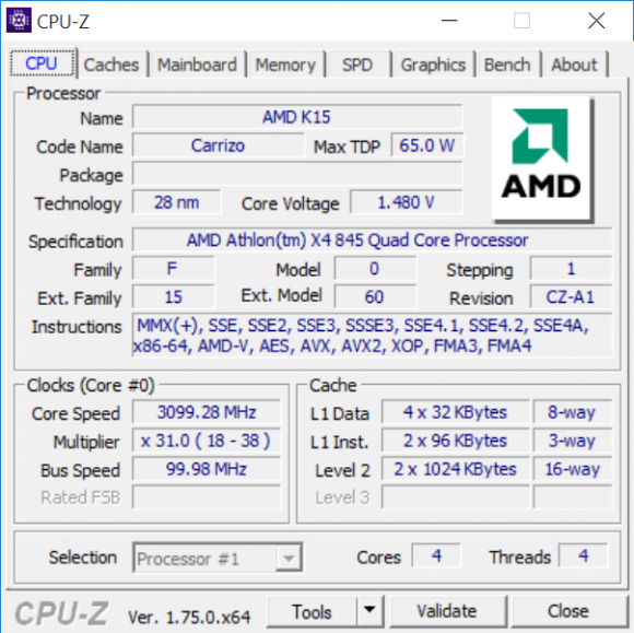 Скриншот CPU-Z процессора AMD Athlon X4 845