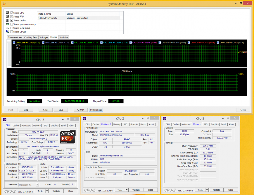 Работа ASUS 970 PRO Gaming/Aura после разгона
