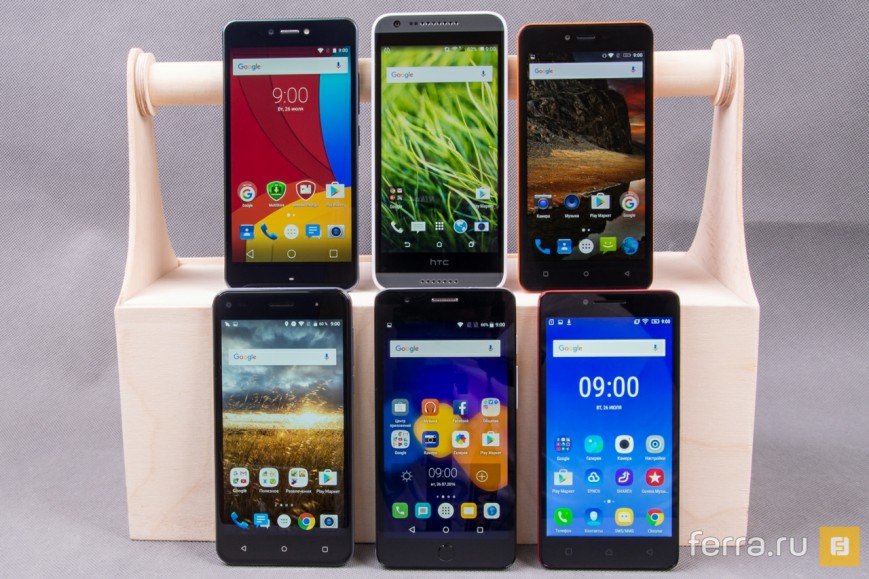 Лицевая панель: верхний ряд — Prestigio, HTC, Highscreen; нижний ряд — Fly, Alcatel, Lenovo