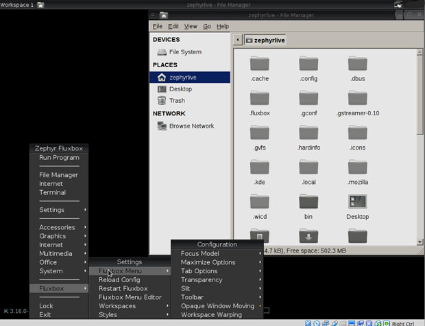 Zephyr Linux
Fluxbox menu